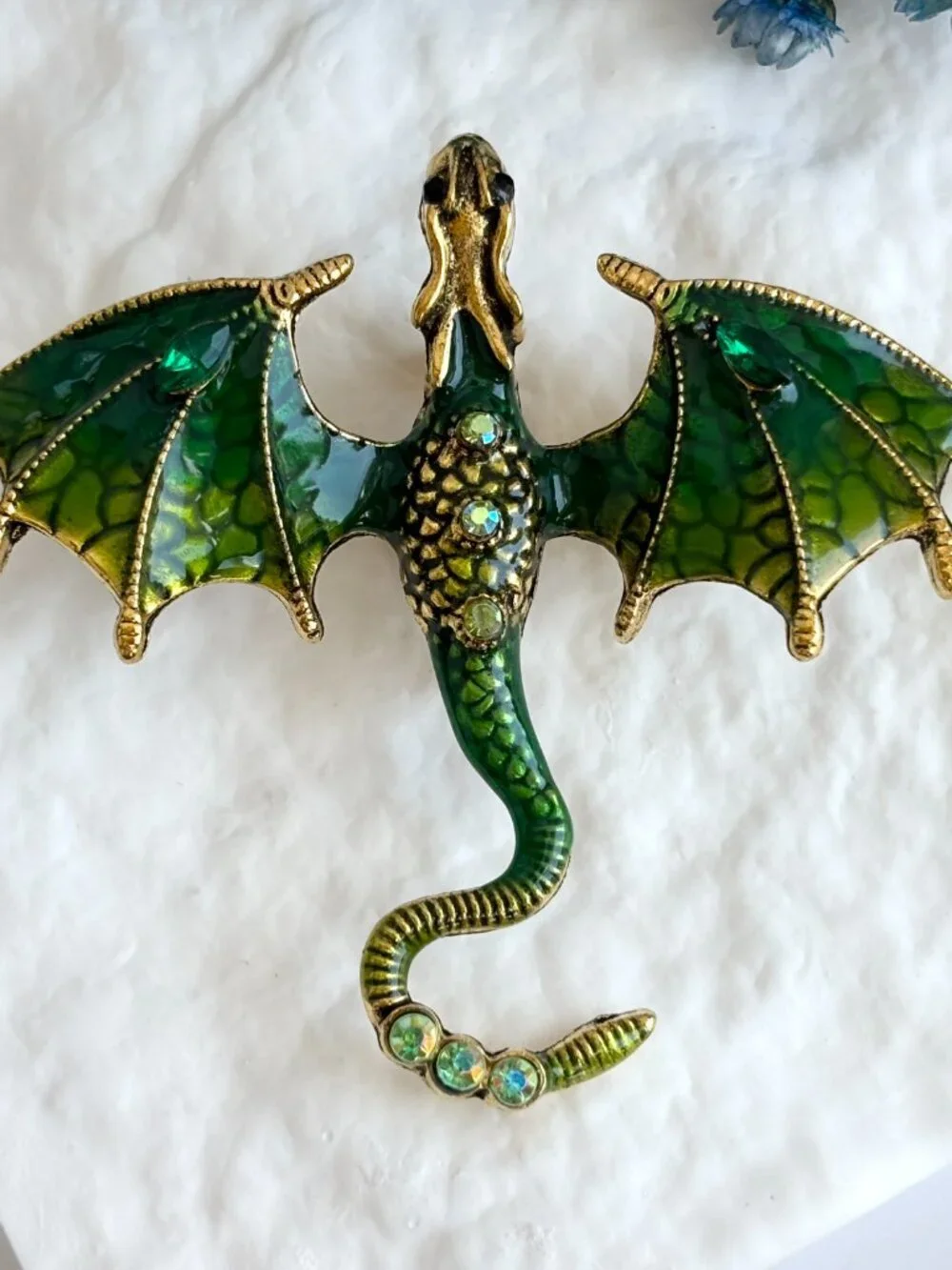 Dragon Figural Green Enameled Rhinestone Accented Gold Toned Brooch Pin